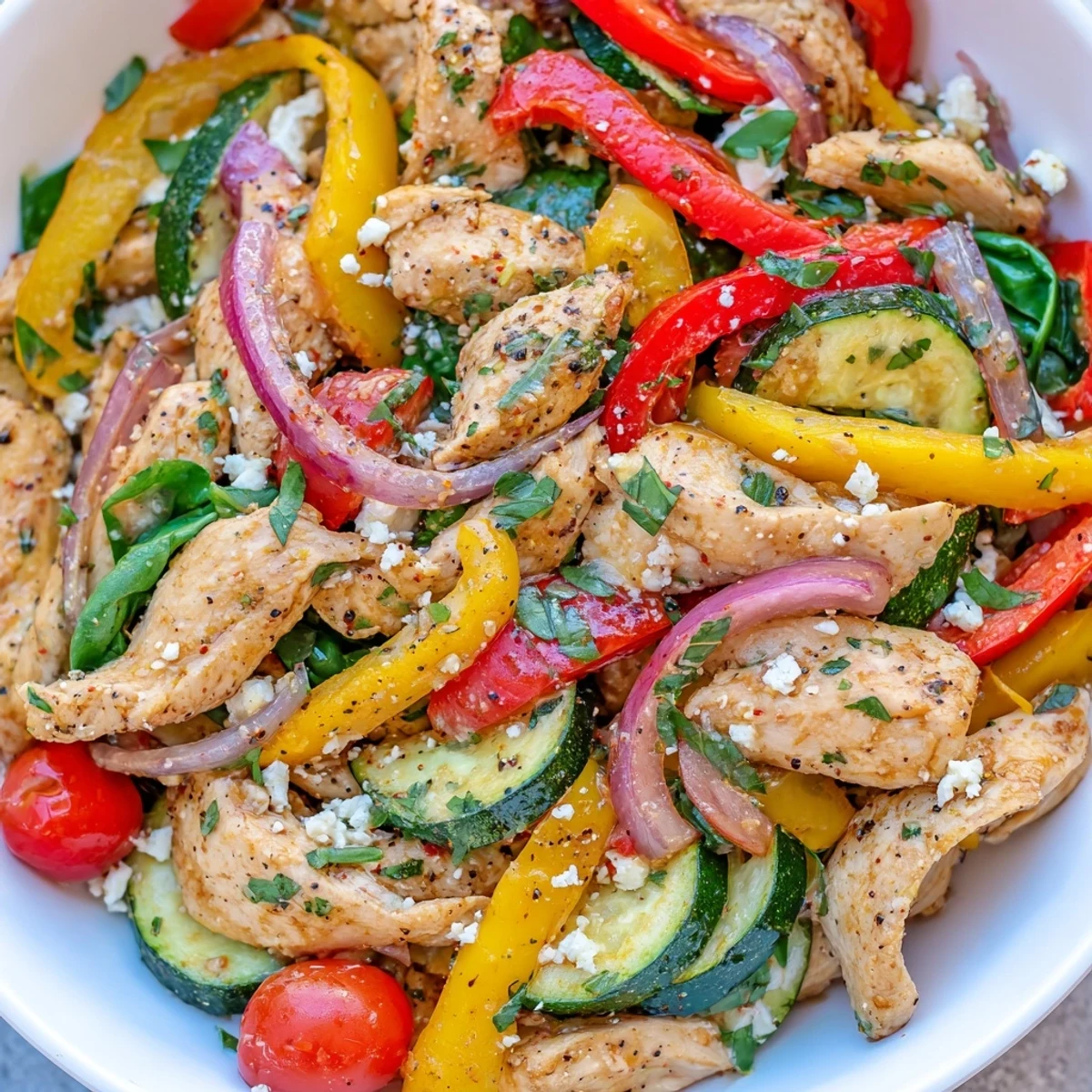 Vibrant Mediterranean chicken stir fry featuring tender sliced chicken crisp zucchini red peppers and wilted spinach