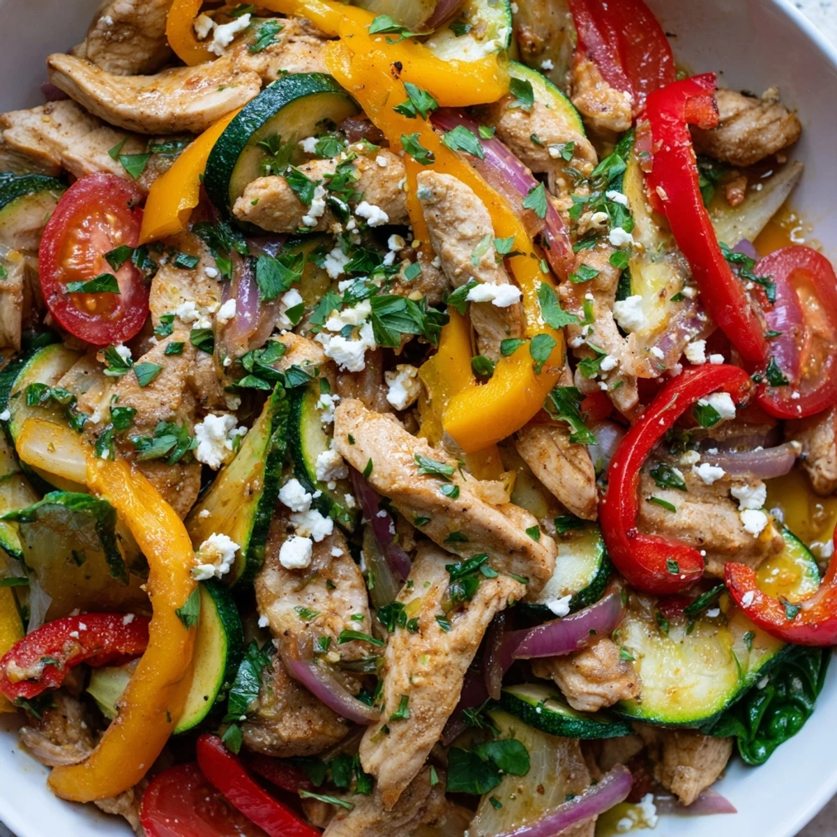 Sizzling Mediterranean chicken stir fry tossed with juicy cherry tomatoes aromatic herbs and optional crumbled feta cheese