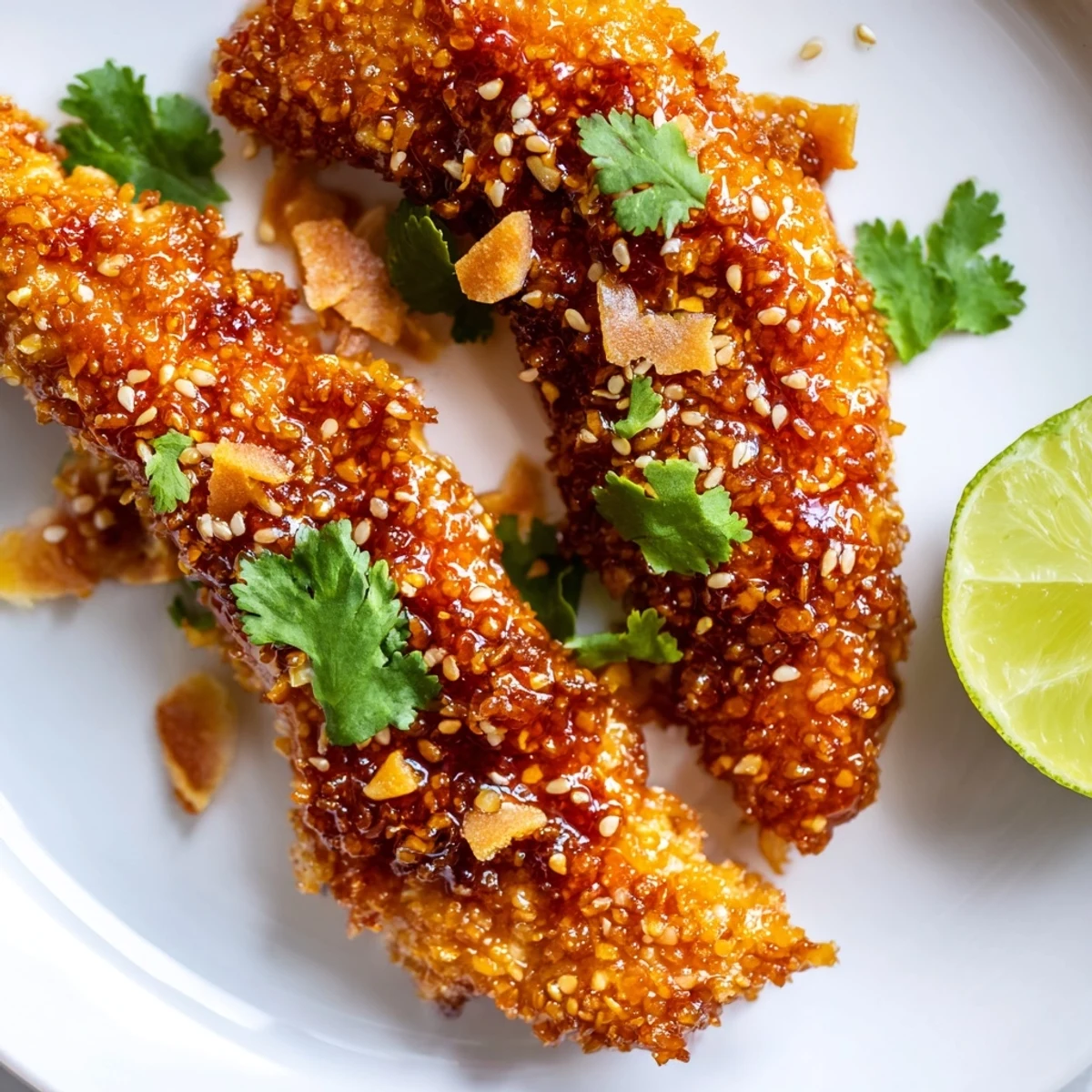 Golden brown Thai sticky chicken fingers coated in sweet spicy glaze with sesame seeds