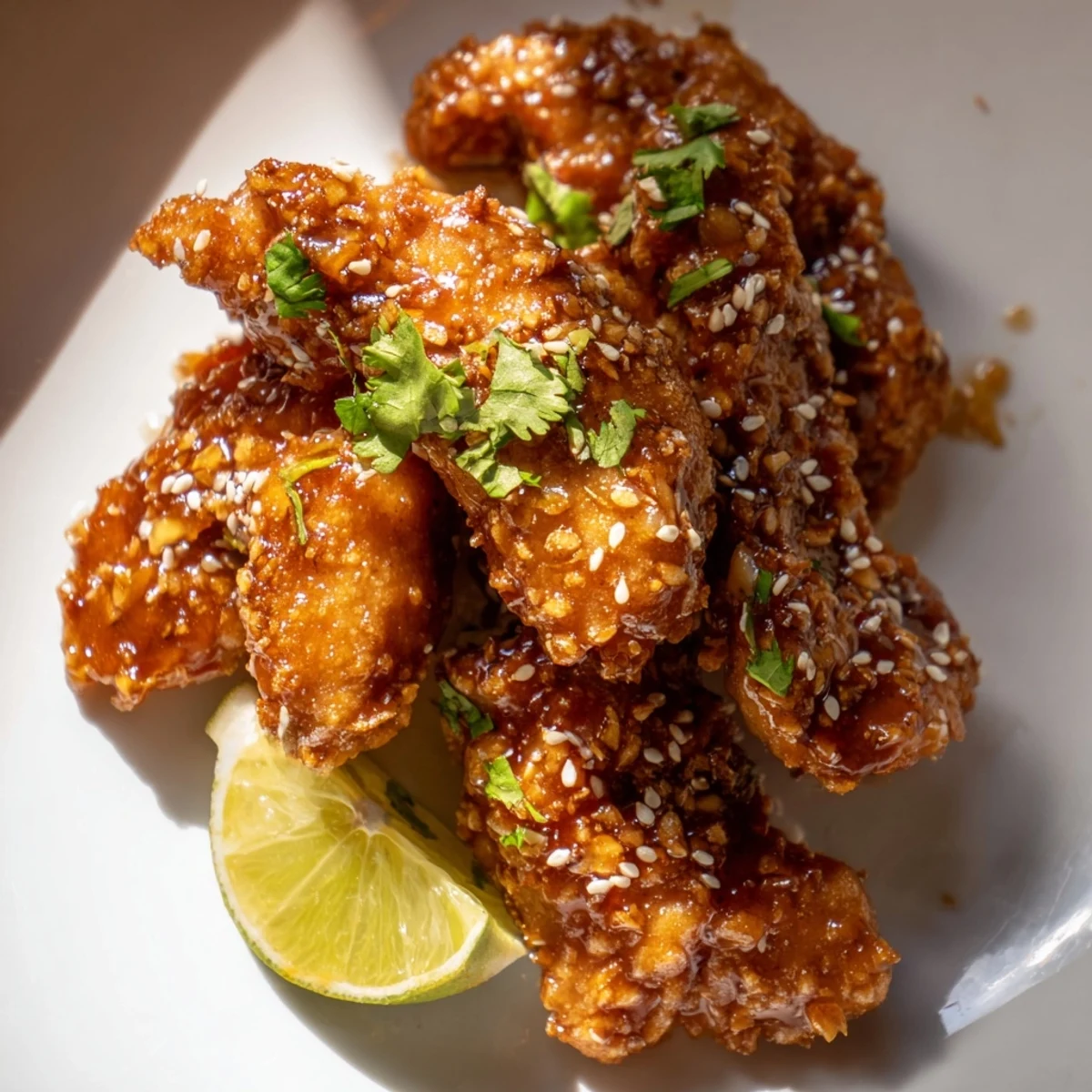 Crispy baked chicken tenders tossed in tangy Thai sauce garnished with fresh cilantro
