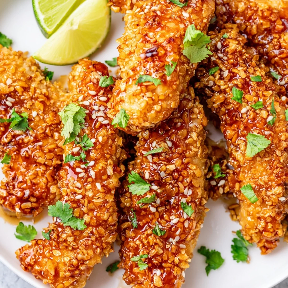 Oven-breaded Thai sticky chicken fingers drizzled with chili lime sauce and toasted coconut