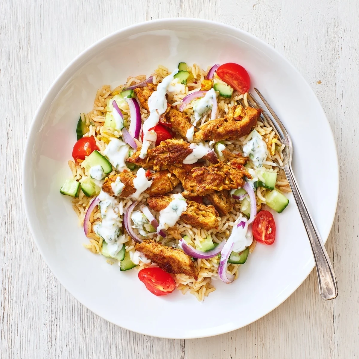 Golden spiced chicken shawarma salad with crispy rice, fresh cucumber, cherry tomatoes, and creamy yogurt dressing