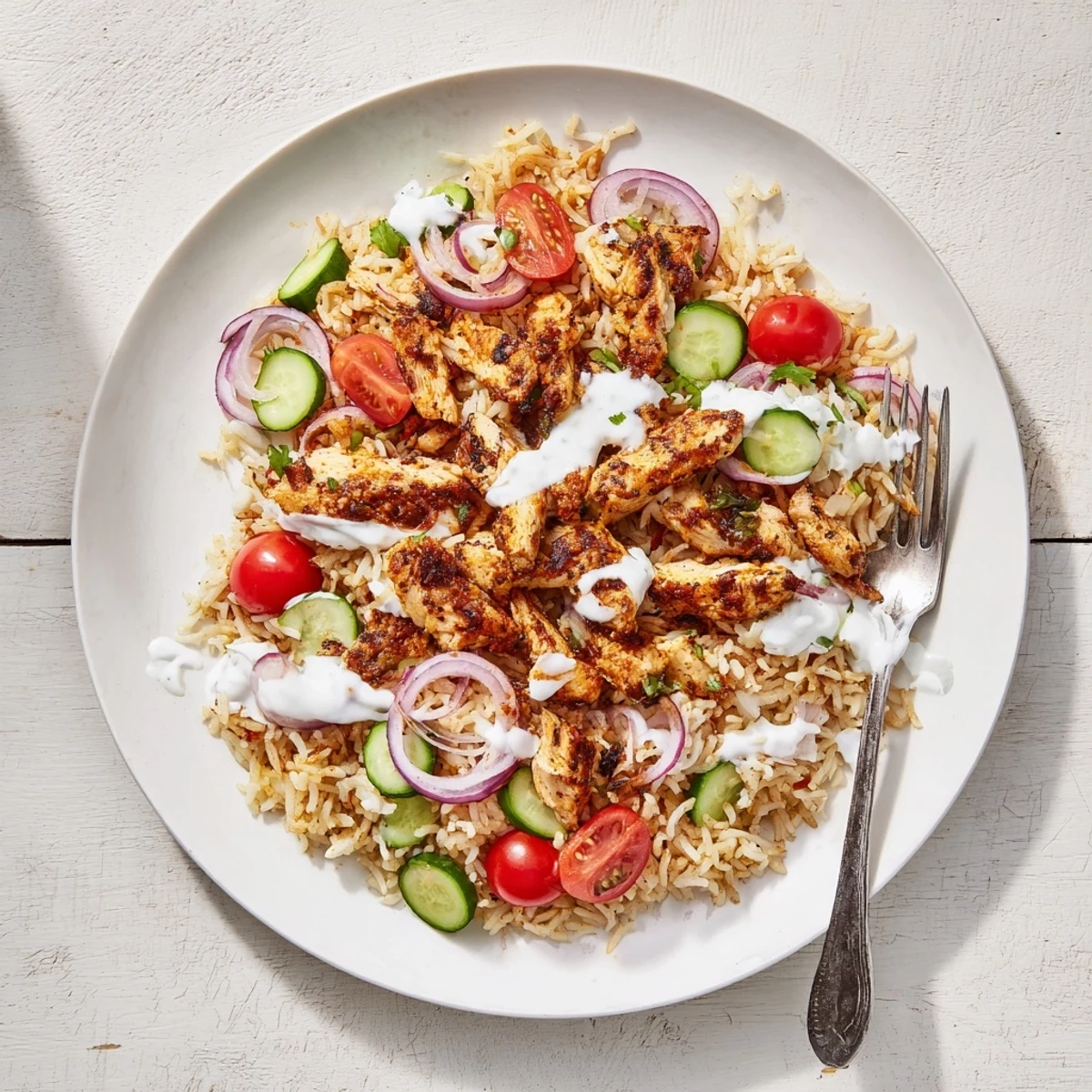Vibrant chicken shawarma crispy rice salad topped with tender spiced chicken, red onion, and tangy Greek yogurt