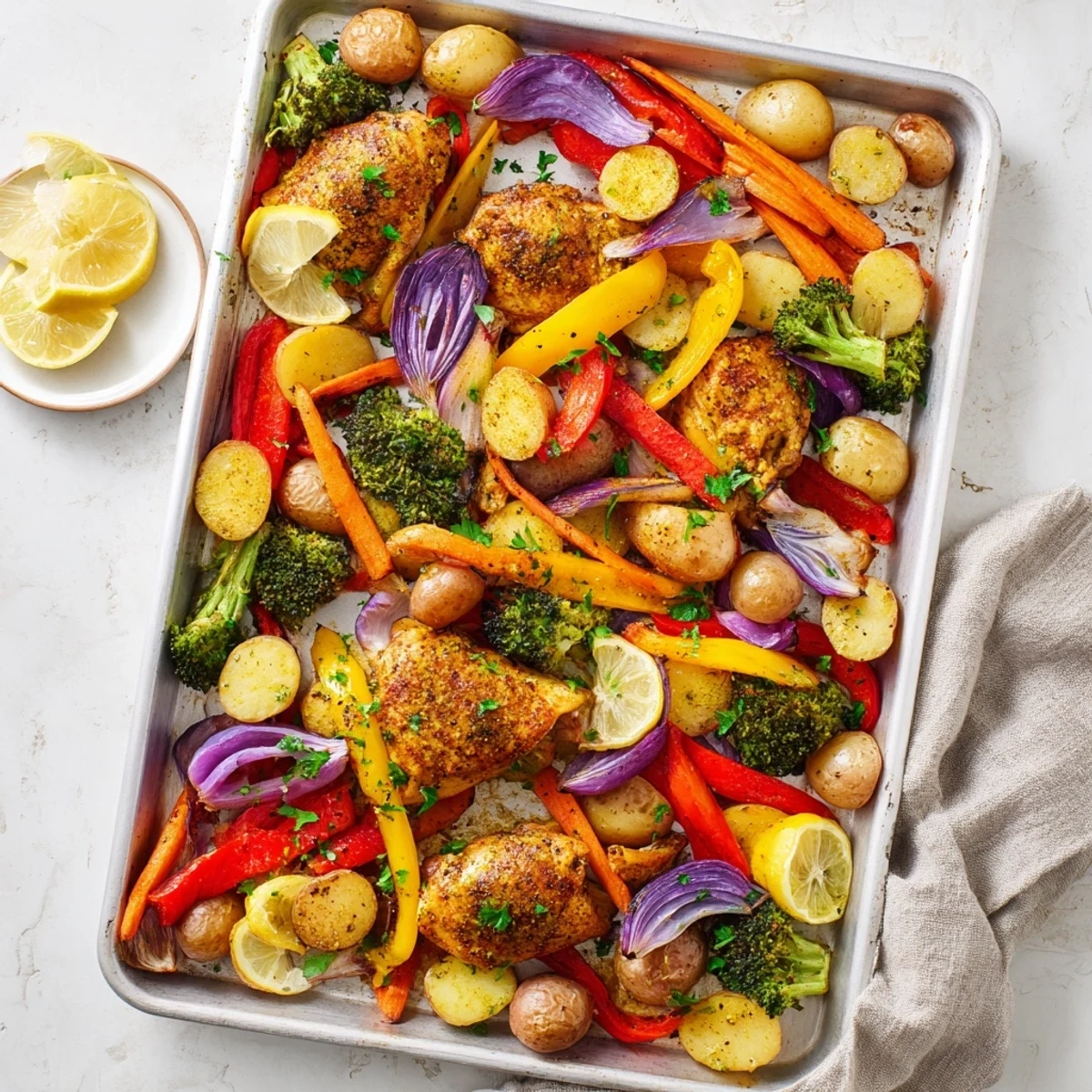 Golden roasted chicken and colorful vegetables on a sheet pan with fresh lemon and herbs