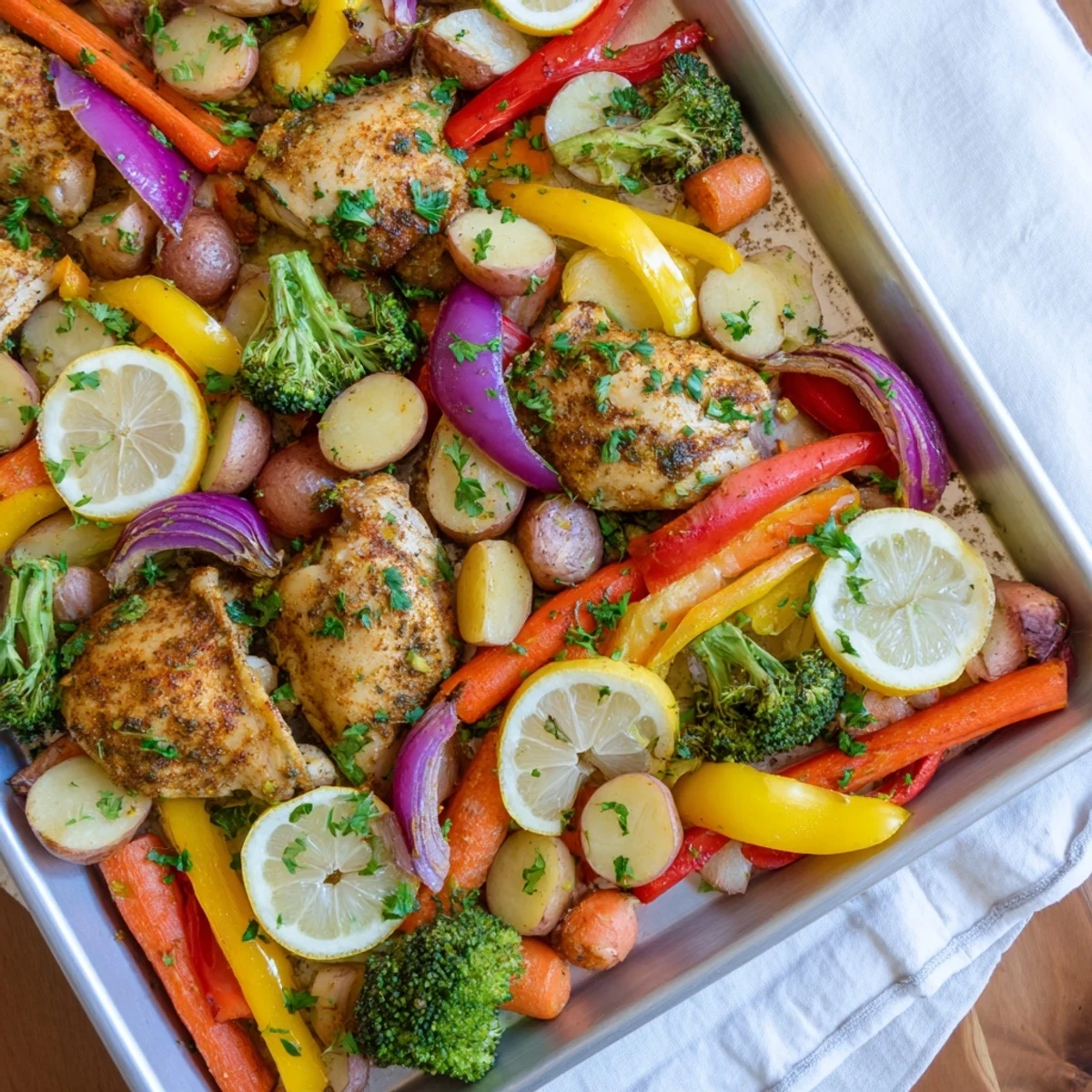 Juicy herb-marinated chicken nestled among caramelized broccoli, peppers, and potatoes on one baking sheet
