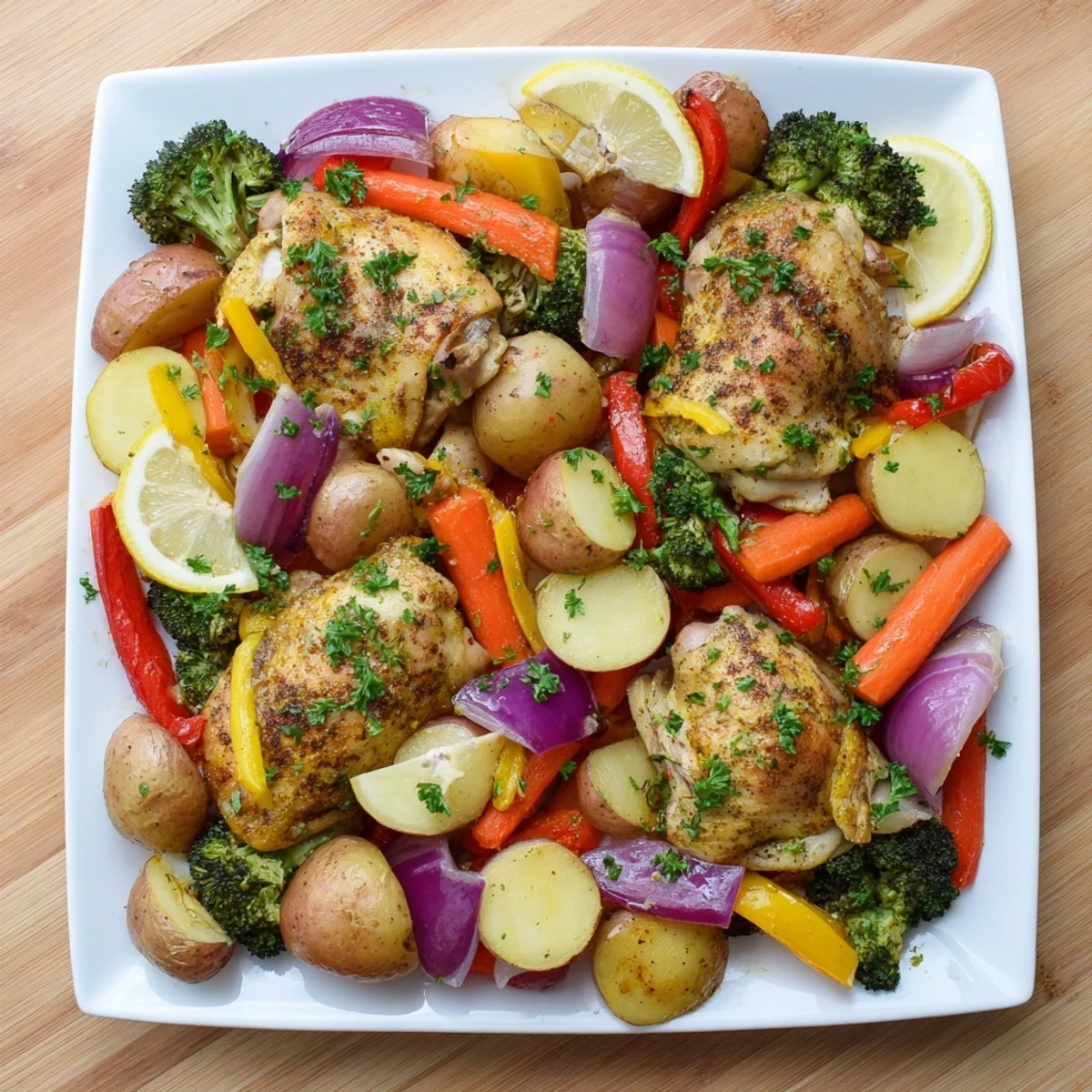 Easy one-pan meal featuring tender chicken breasts with zesty lemon and roasted seasonal vegetables