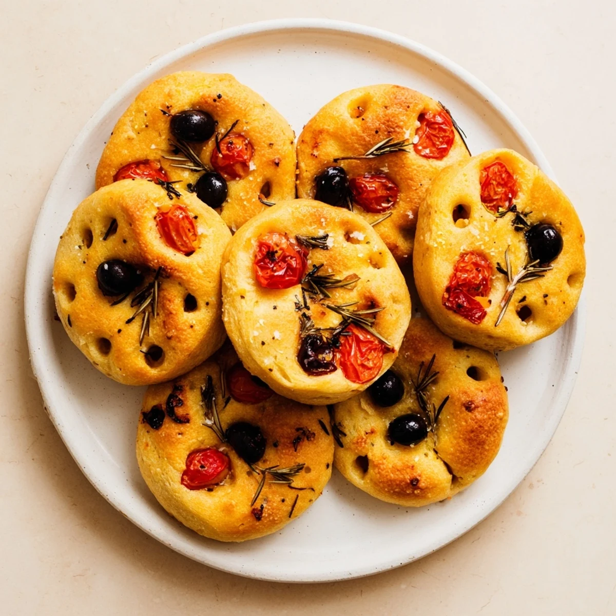 Golden crispy mini focaccia topped with rosemary and sea salt on a rustic wooden board