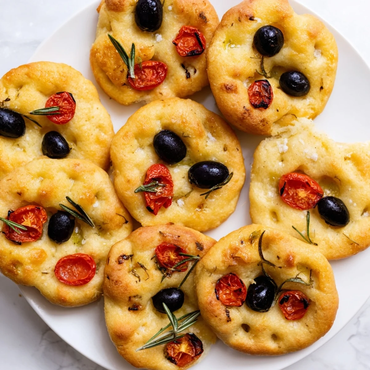 Fluffy individual Italian breads with cherry tomatoes and olives baked until golden brown