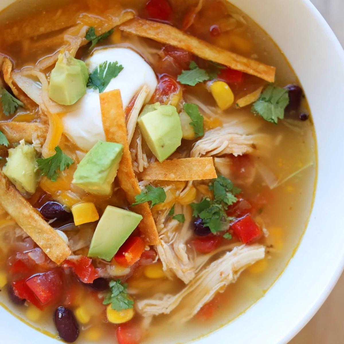 Golden bowl of classic chicken tortilla soup topped with crispy tortilla strips and fresh cilantro garnish