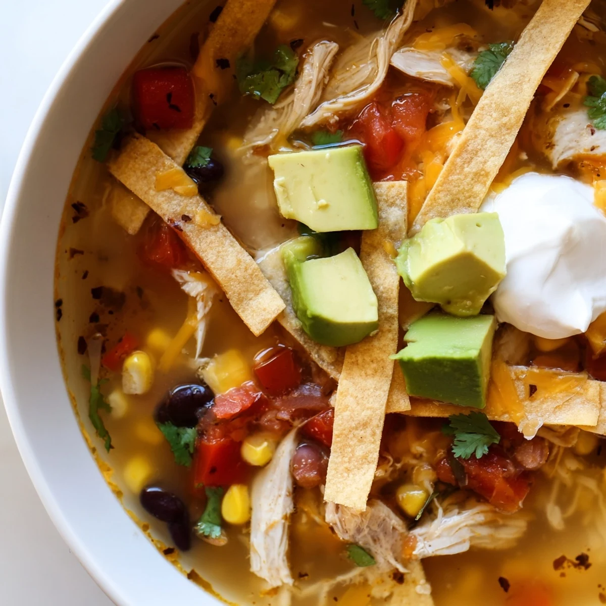 Hearty classic chicken tortilla soup featuring tender chicken, black beans, corn, and melted cheese garnishes