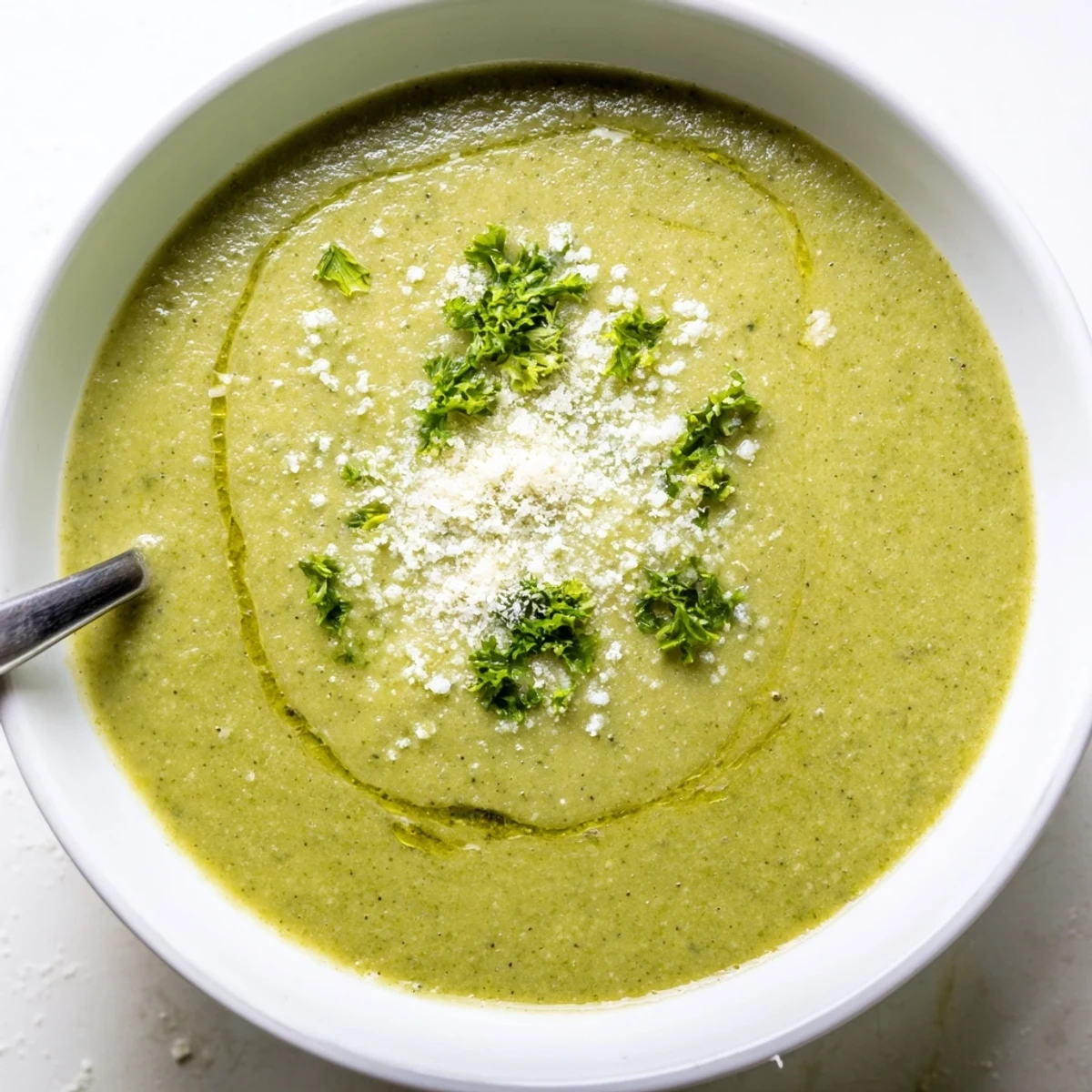 Velvety green homemade Italian broccoli soup drizzled with olive oil and served with crusty bread