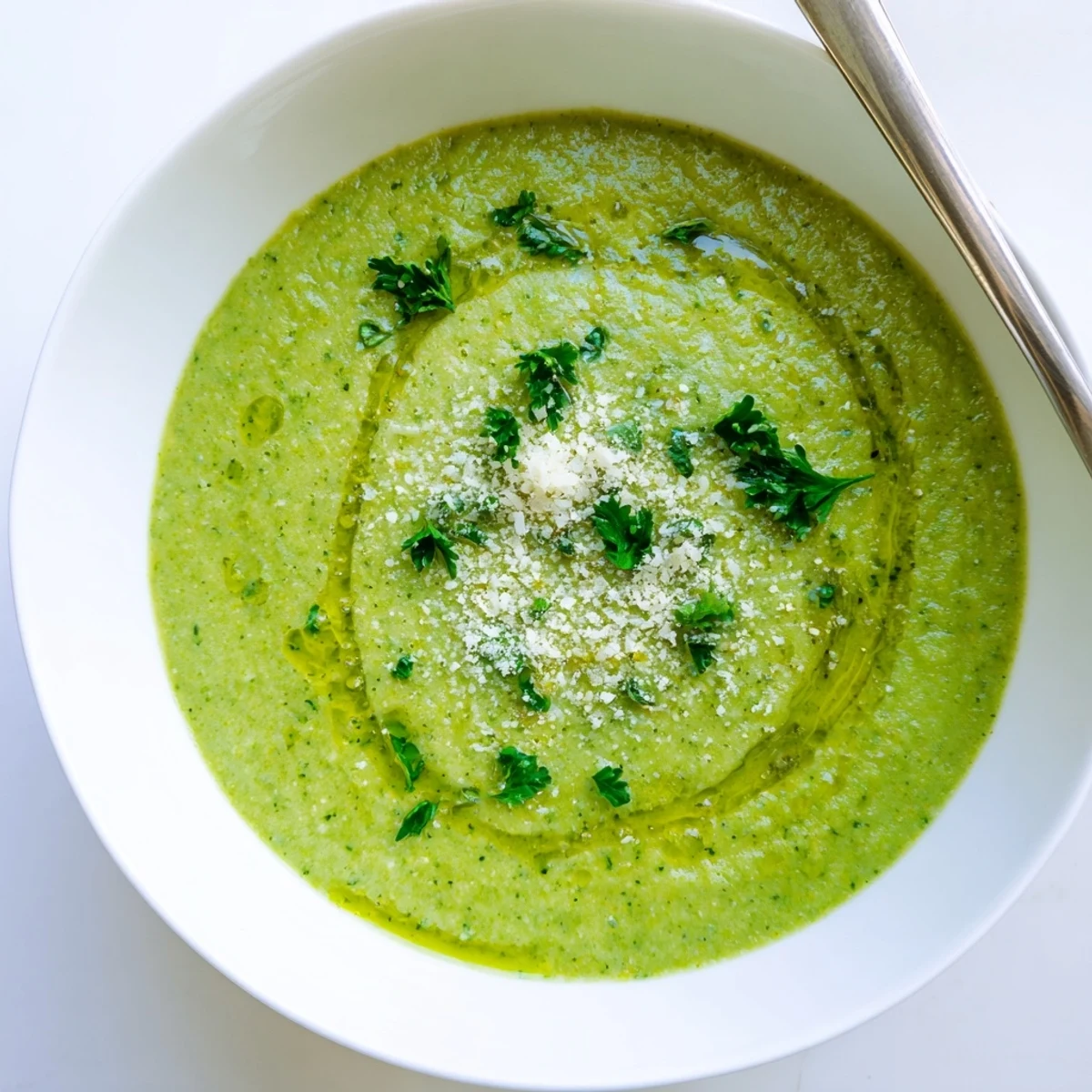 Creamy homemade Italian broccoli soup garnished with grated Parmesan and fresh herbs in a white bowl