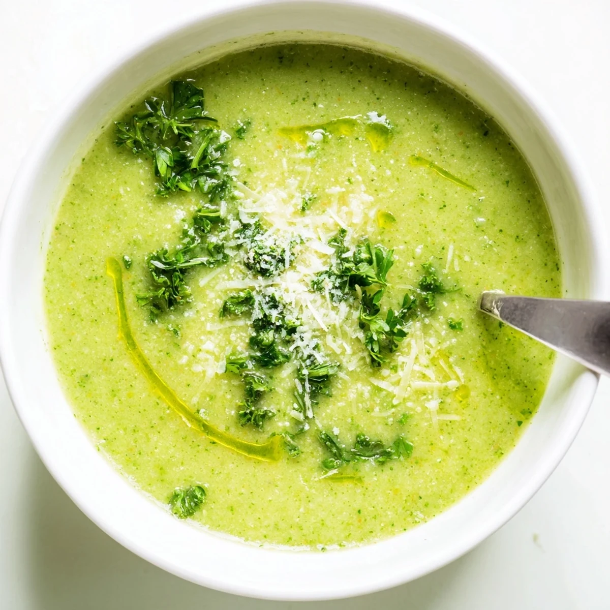 Steaming bowl of homemade Italian broccoli soup topped with Parmesan shreds and chopped parsley