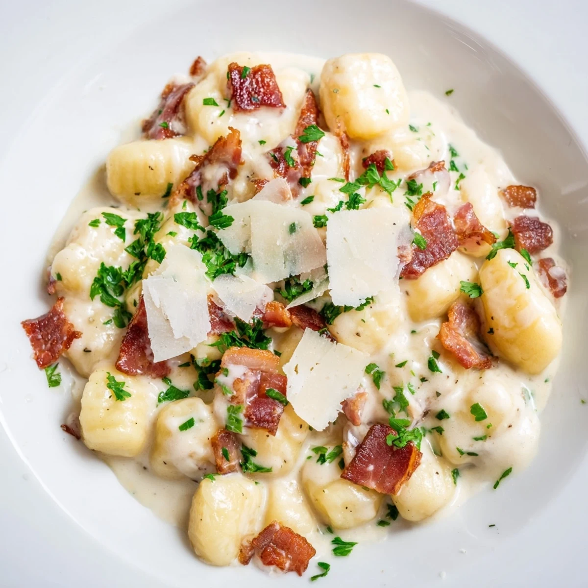 Creamy gnocchi carbonara topped with bacon pieces and grated Parmesan cheese