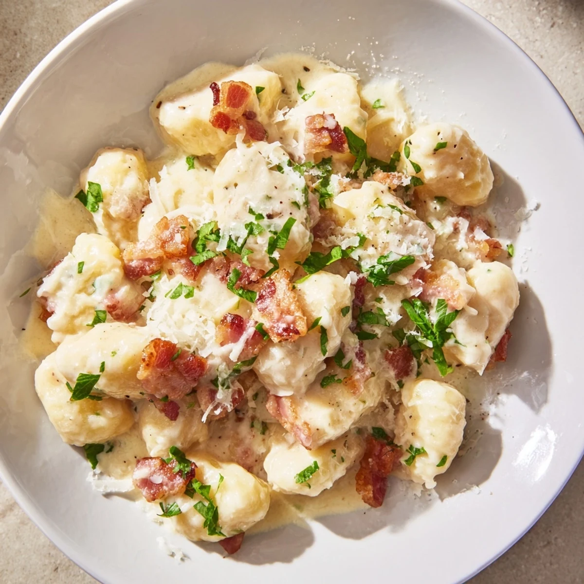 Golden gnocchi carbonara with crispy bacon and Parmesan in a white bowl