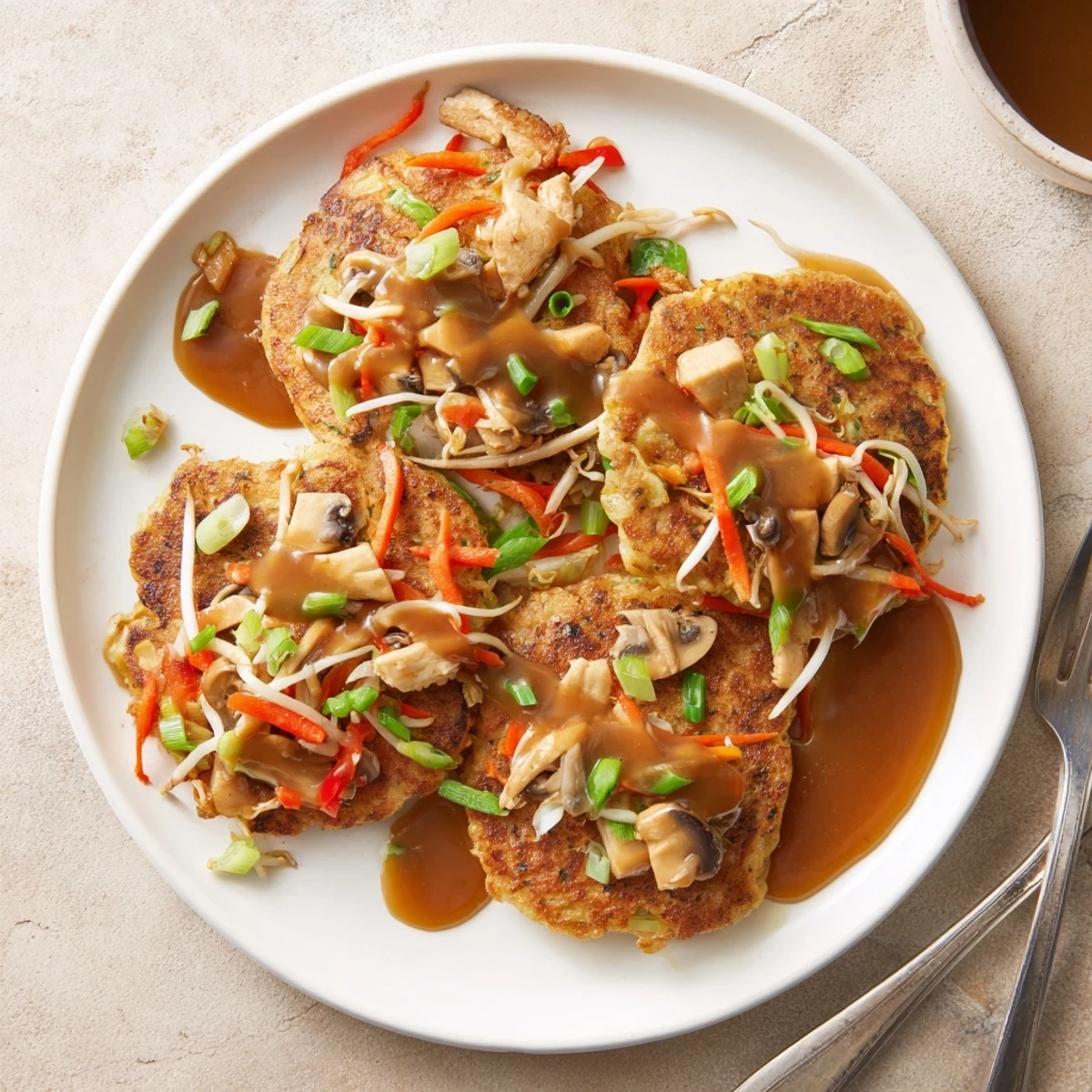 Golden crispy Egg Foo Young patties drizzled with rich savory brown gravy