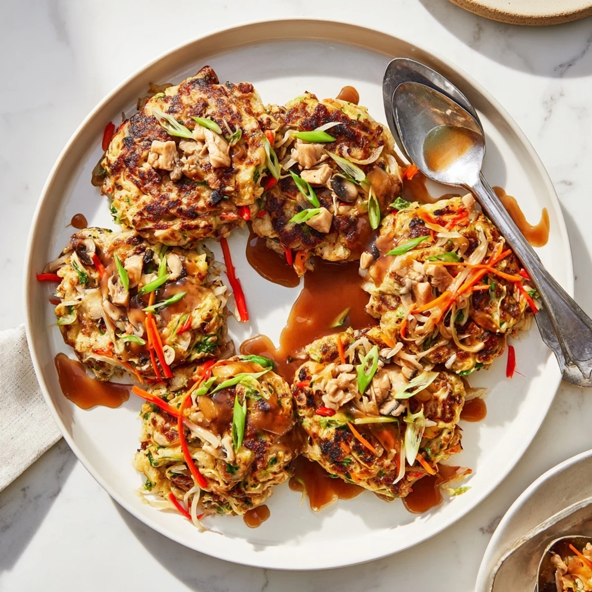 Fluffy vegetable-packed Egg Foo Young omelet fried to golden perfection