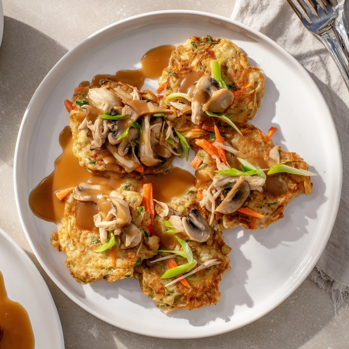 Chinese-American Egg Foo Young with bean sprouts served over steamed white rice