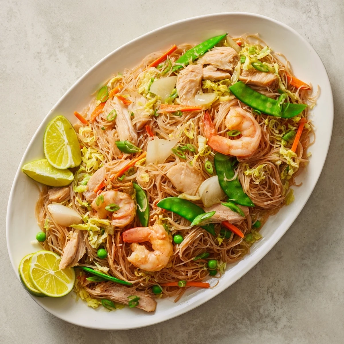 Garnished Pancit Bihon featuring savory rice vermicelli tossed with chicken, snow peas, and fresh scallions
