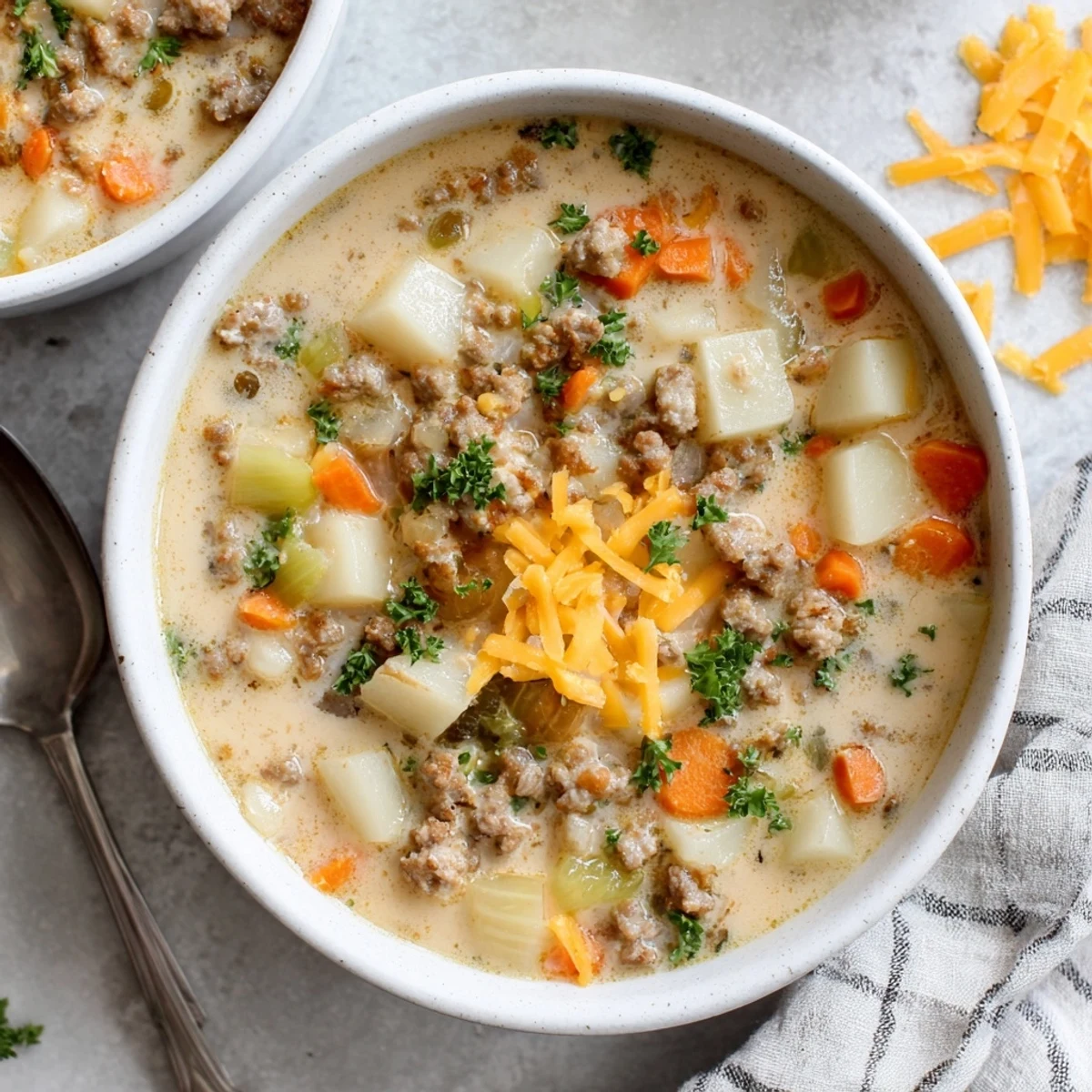 Creamy pork sausage potato soup garnished with fresh parsley and grated cheddar cheese in a white bowl