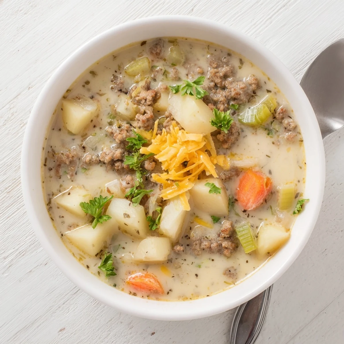 Savory pork sausage potato soup simmering in a rustic pot with tender vegetable chunks visible