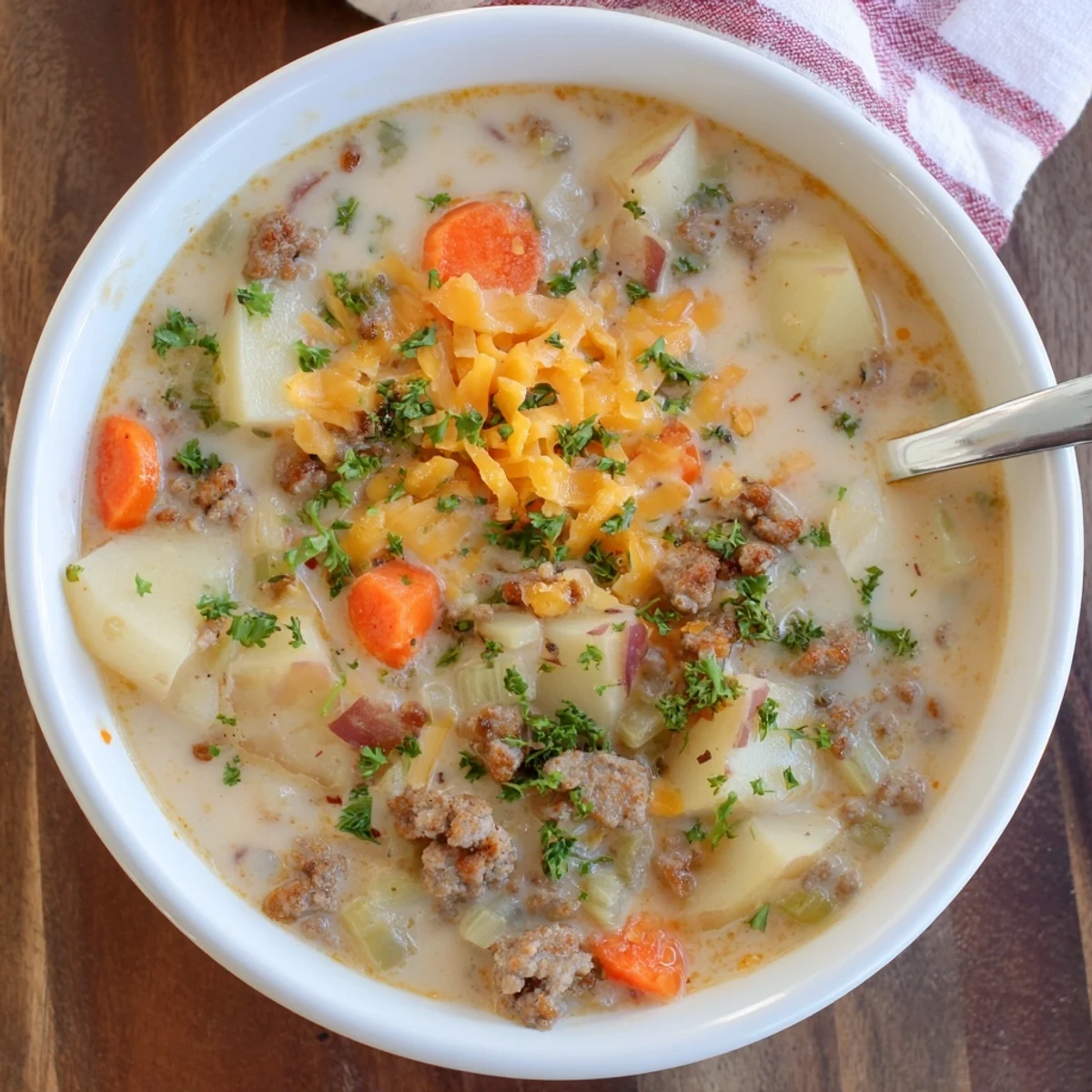 Steaming bowl of simple pork sausage potato soup featuring creamy broth and cubed potatoes with sausage crumbles