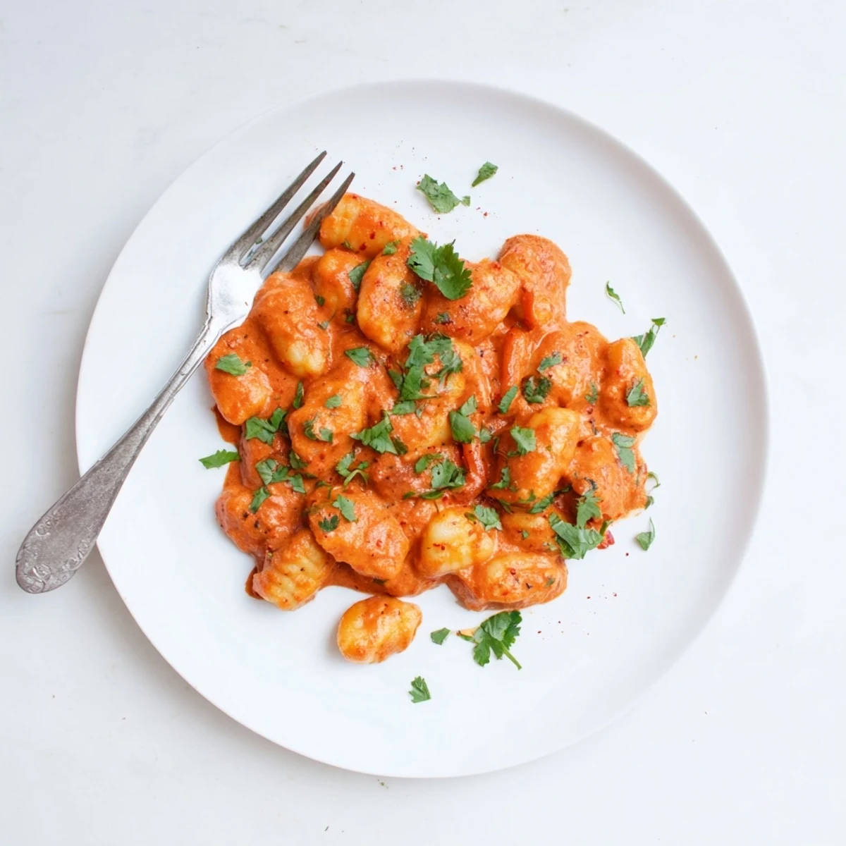 Creamy Tikka Masala Gnocchi featuring pillowy potato dumplings coated in rich spiced orange-red sauce garnished with fresh green cilantro