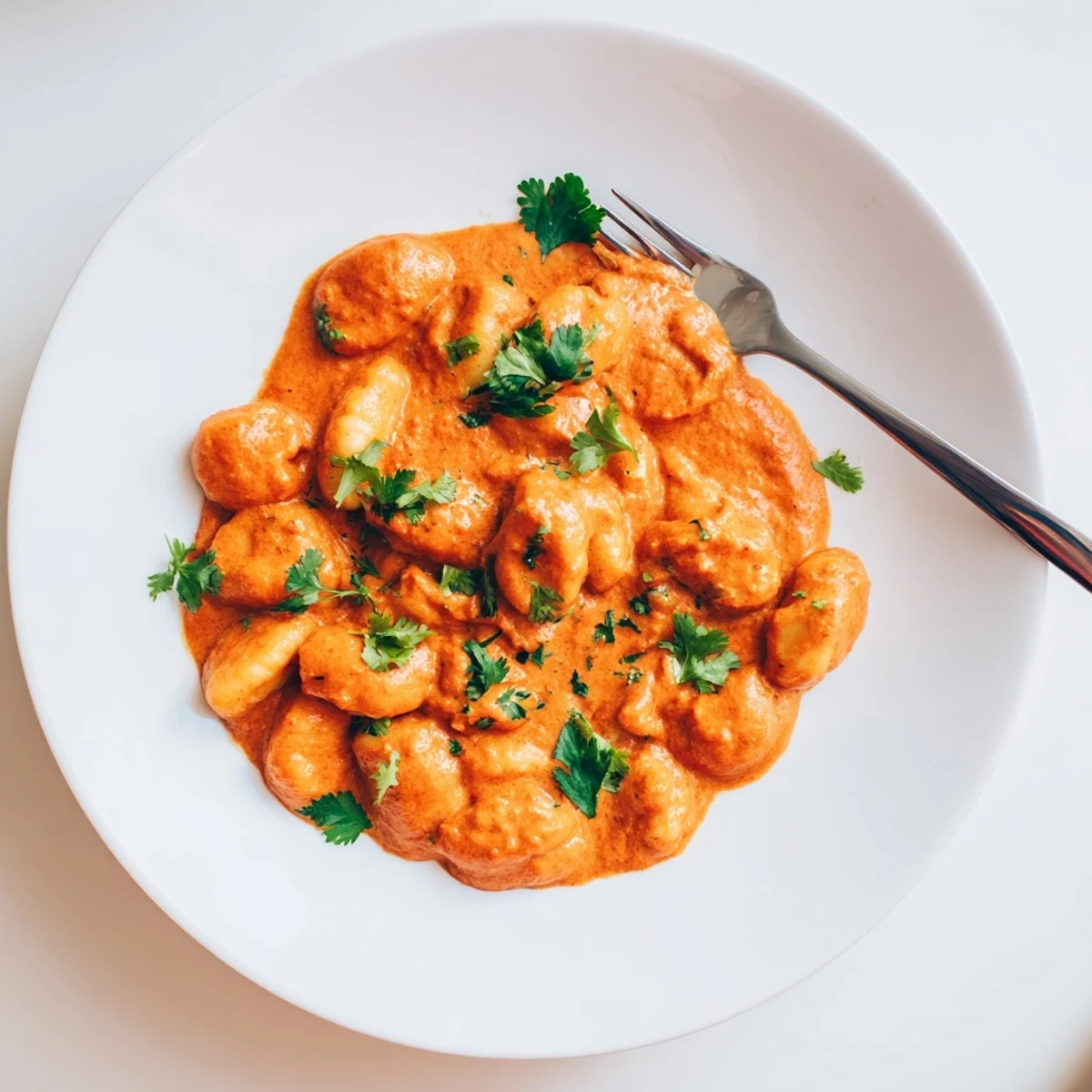 Fusion Tikka Masala Gnocchi dish combining Italian potato pasta with aromatic Indian tomato cream sauce and colorful spices