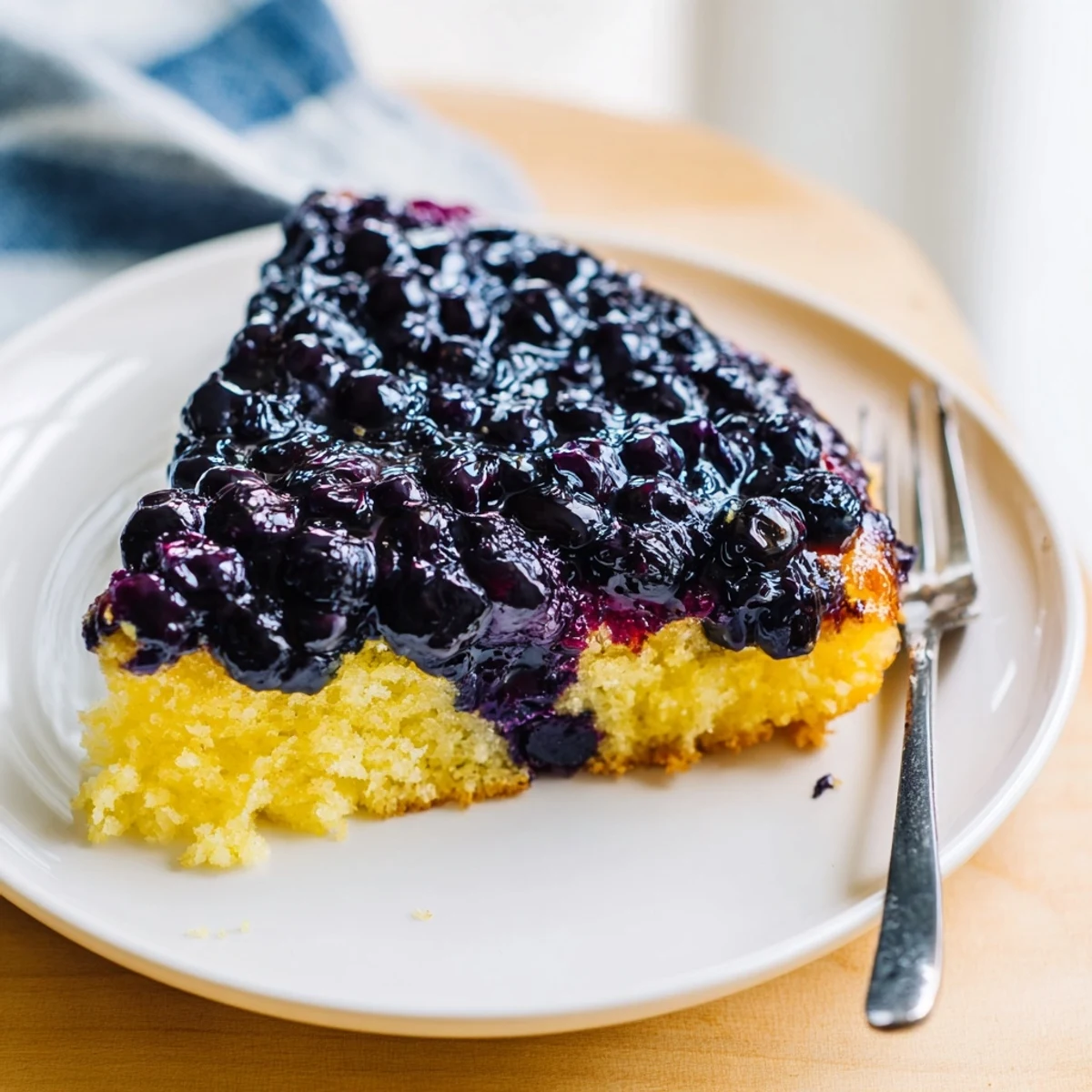 Golden blueberry upside down cake with caramelized fruit topping and moist vanilla crumb