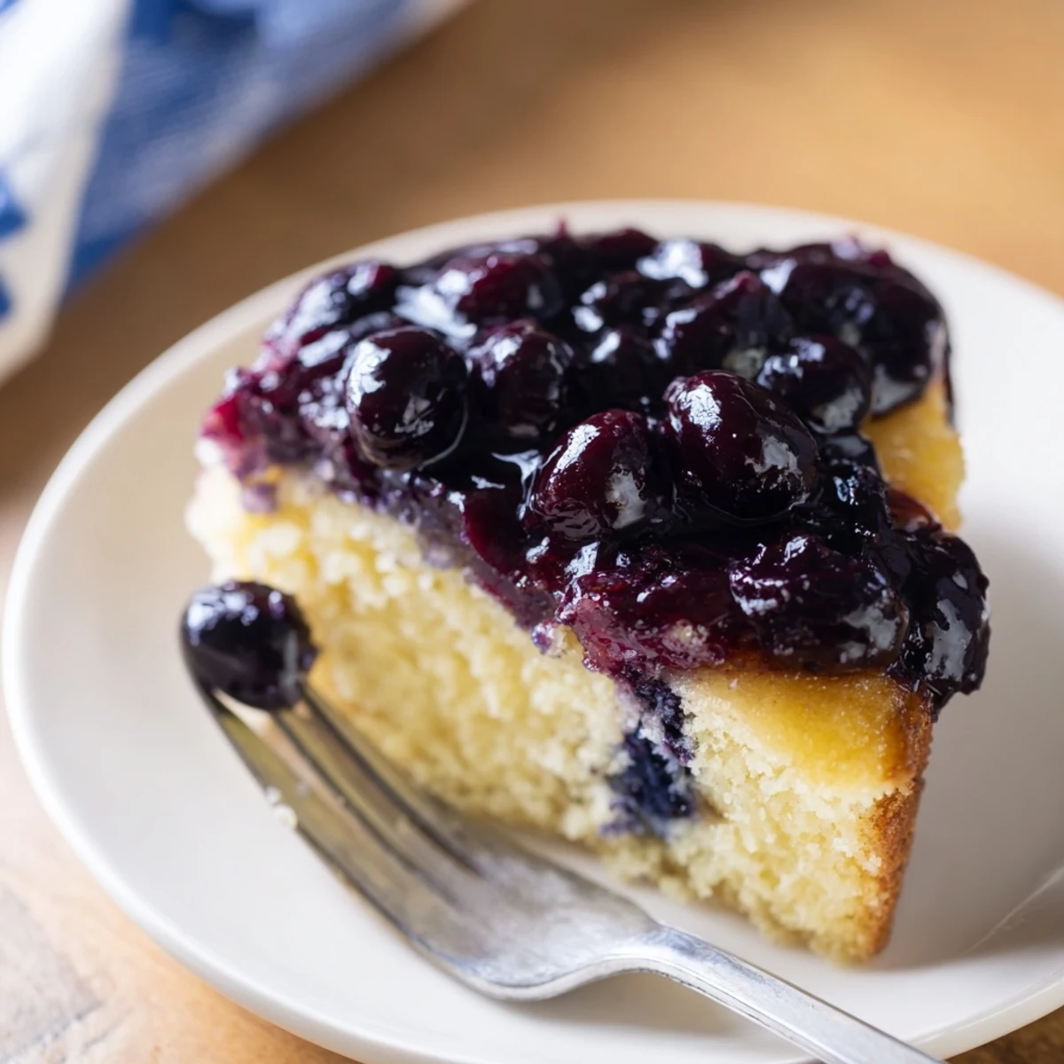 Flipped blueberry upside down cake revealing juicy fruit layer and tender yellow cake