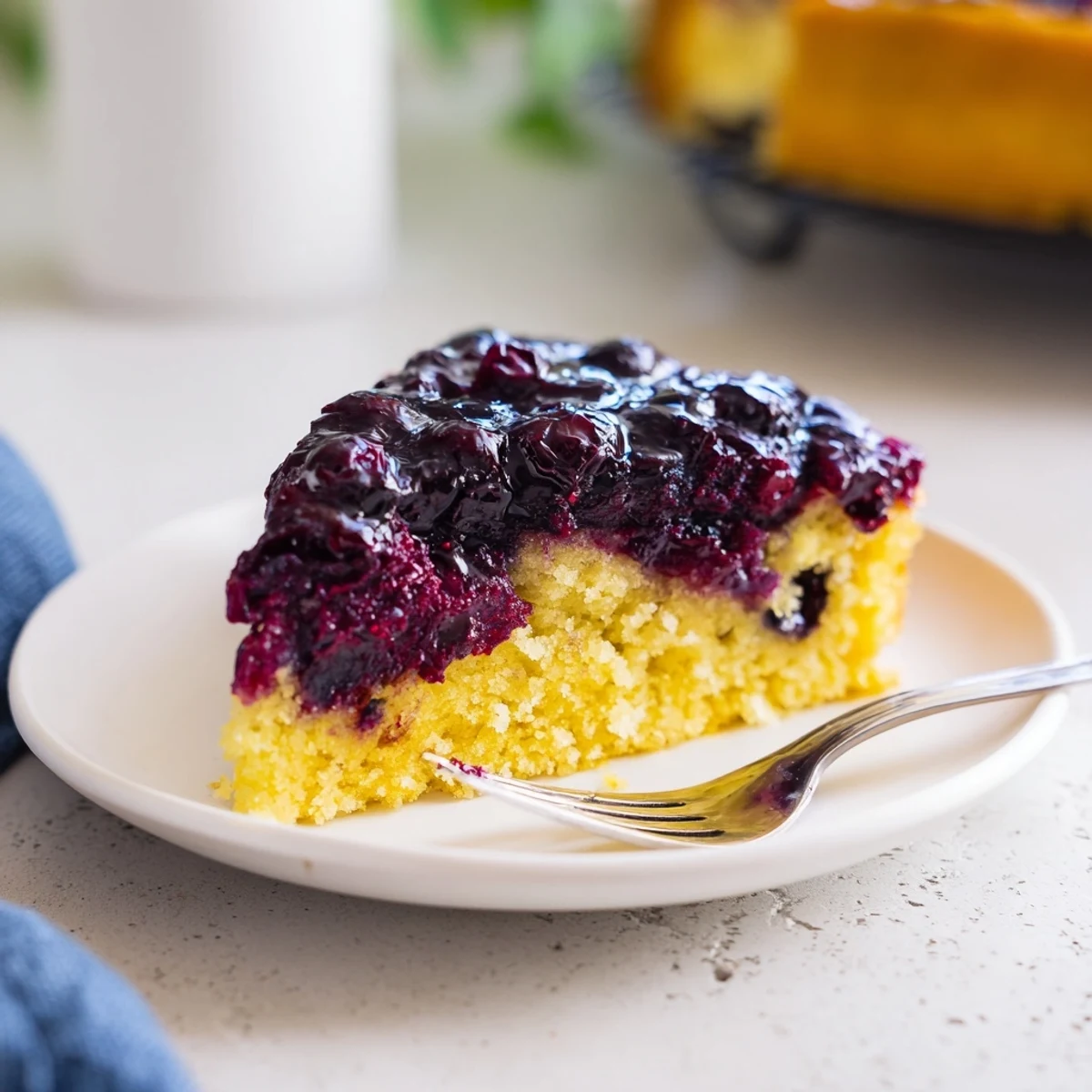 Slice of blueberry upside down cake topped with glistening caramelized berries on white plate