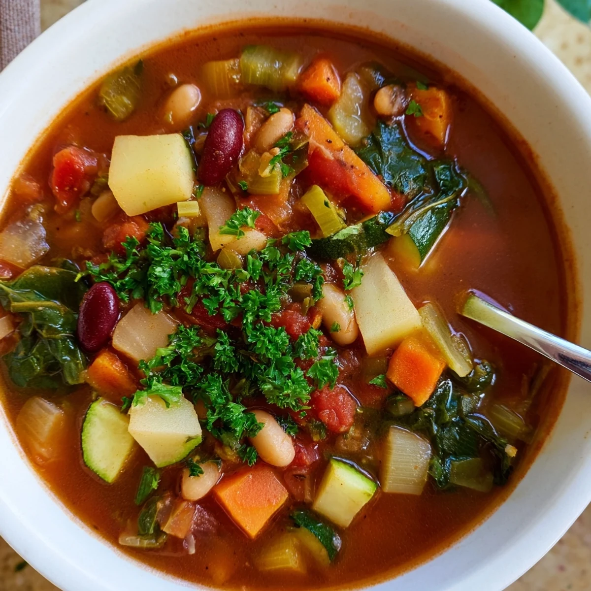 Rustic bowl of hearty vegetable and bean soup featuring colorful carrots, celery, and tender beans in rich broth