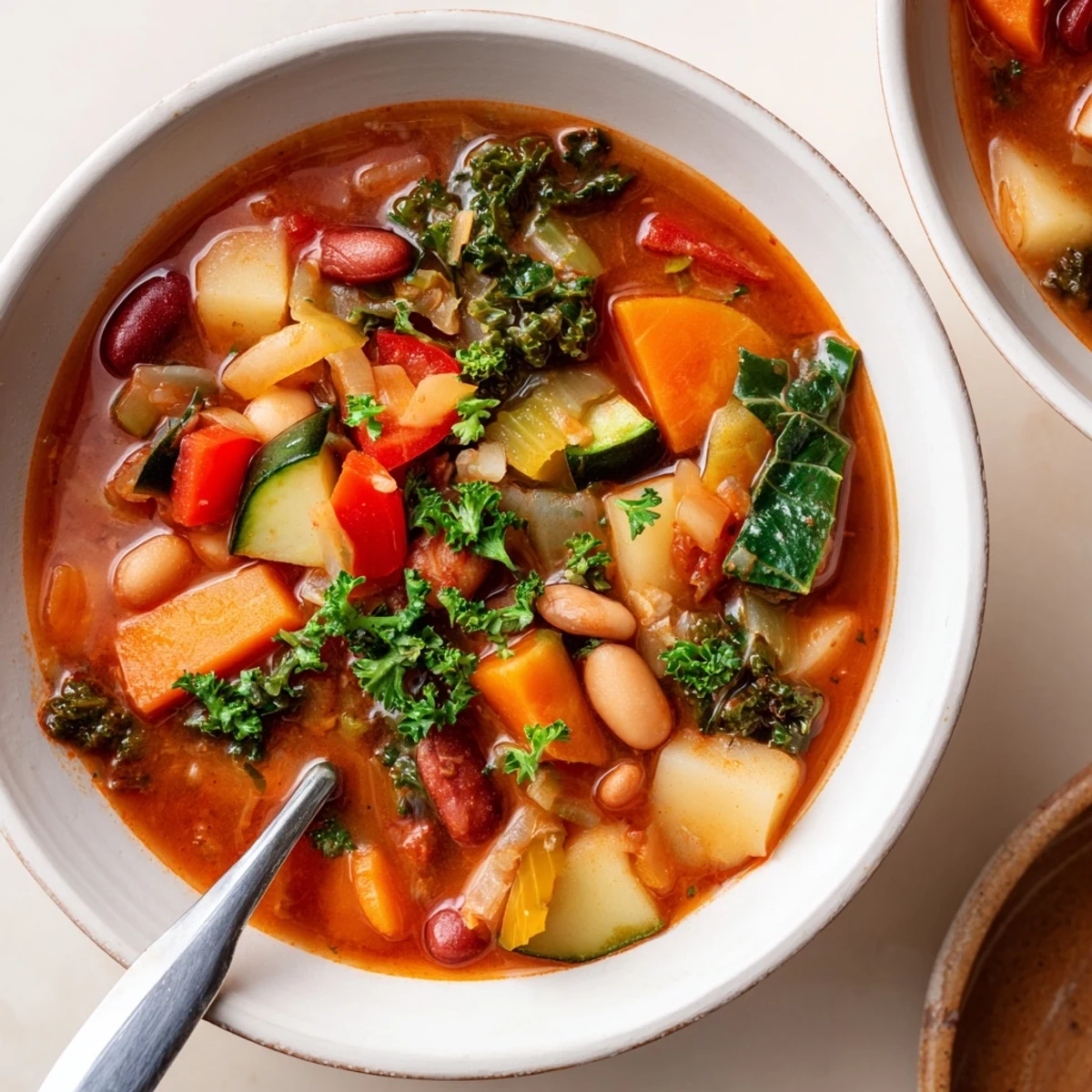 Comforting hearty vegetable and bean soup with chunky potatoes, zucchini, and kidney beans simmered in savory tomato broth