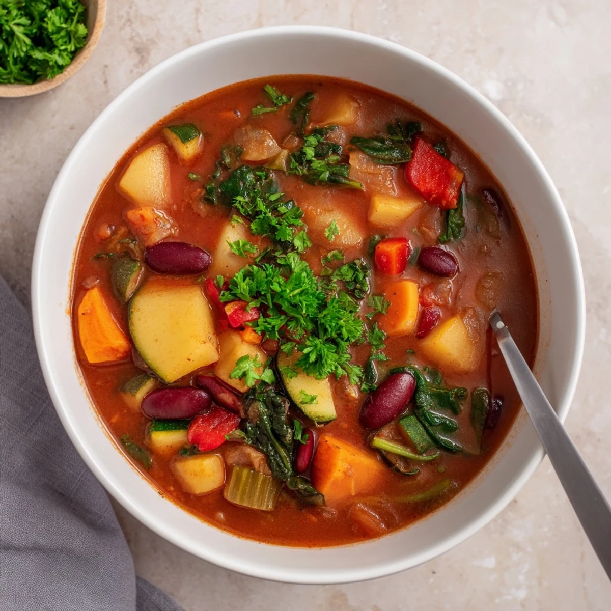 Steaming hearty vegetable and bean soup garnished with fresh parsley and served with crusty bread on the side