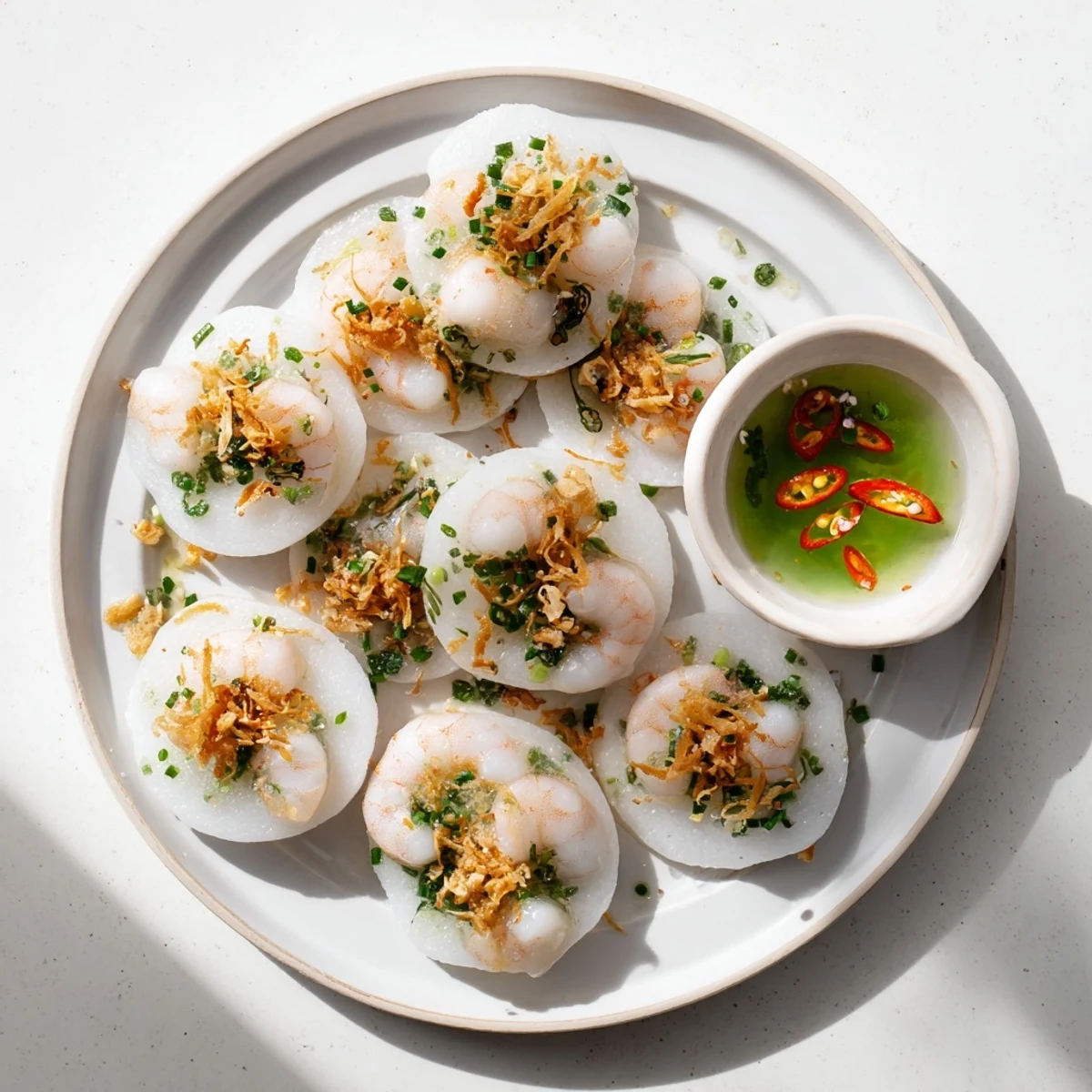 White steamed Banh Beo rice cakes topped with savory shrimp, crispy shallots, and vibrant scallion oil