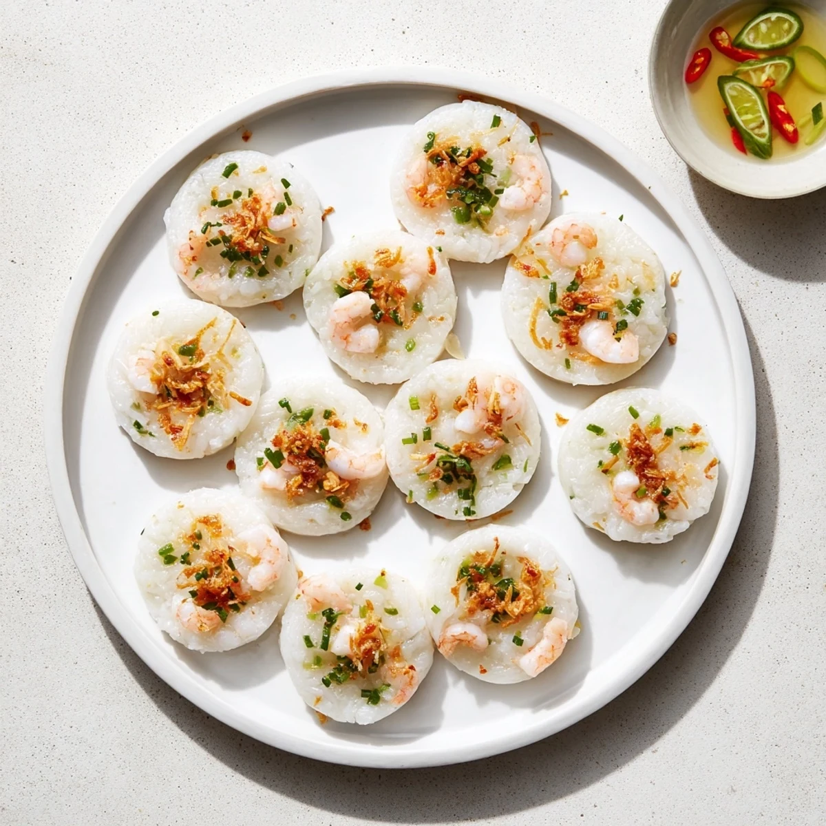 Vietnamese Banh Beo appetizer featuring delicate rice cakes garnished with shrimp floss and golden fried shallots