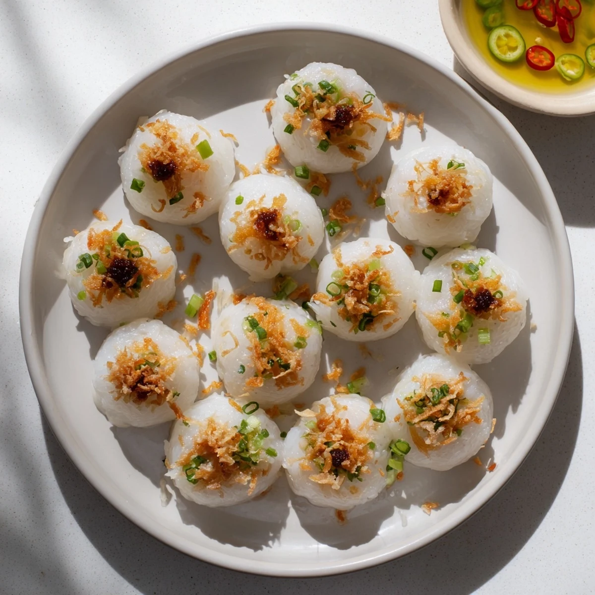 Small plate of Banh Beo steamed rice cakes drizzled with scallion oil and served with tangy fish sauce