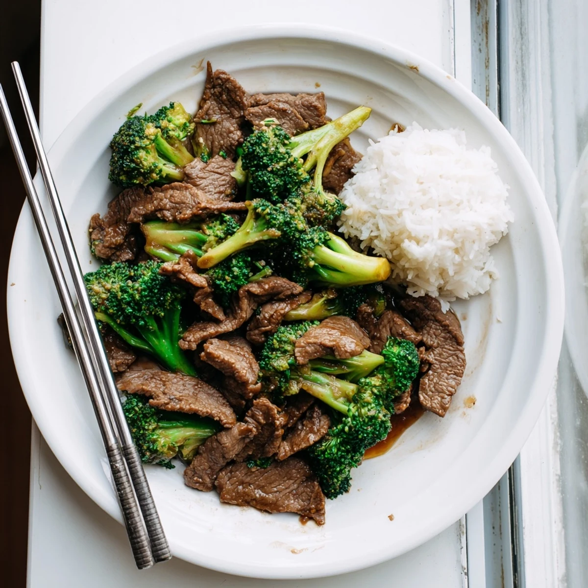 Beef and broccoli stir-fry featuring tender sliced steak and crisp green florets coated in savory garlic sauce