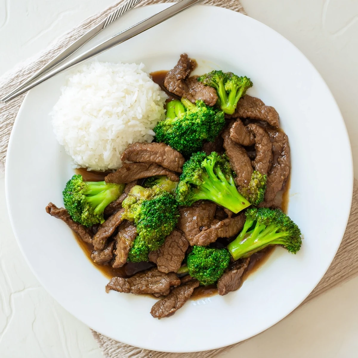 Homemade beef and broccoli dish served over steamed white rice with glossy brown glaze and fresh aromatics