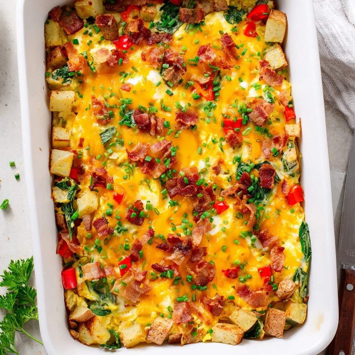 Golden baked breakfast casserole featuring crispy bacon, eggs, melted cheddar cheese and tender vegetables