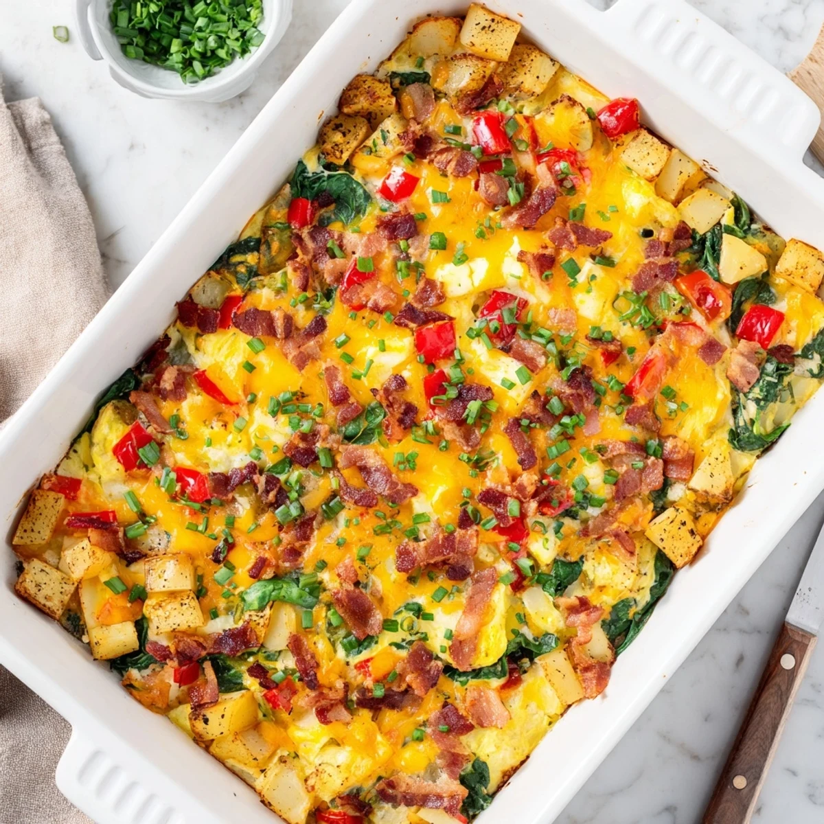 Comforting breakfast-for-dinner casserole topped with bubbly cheese, fresh herbs and crispy bacon bits