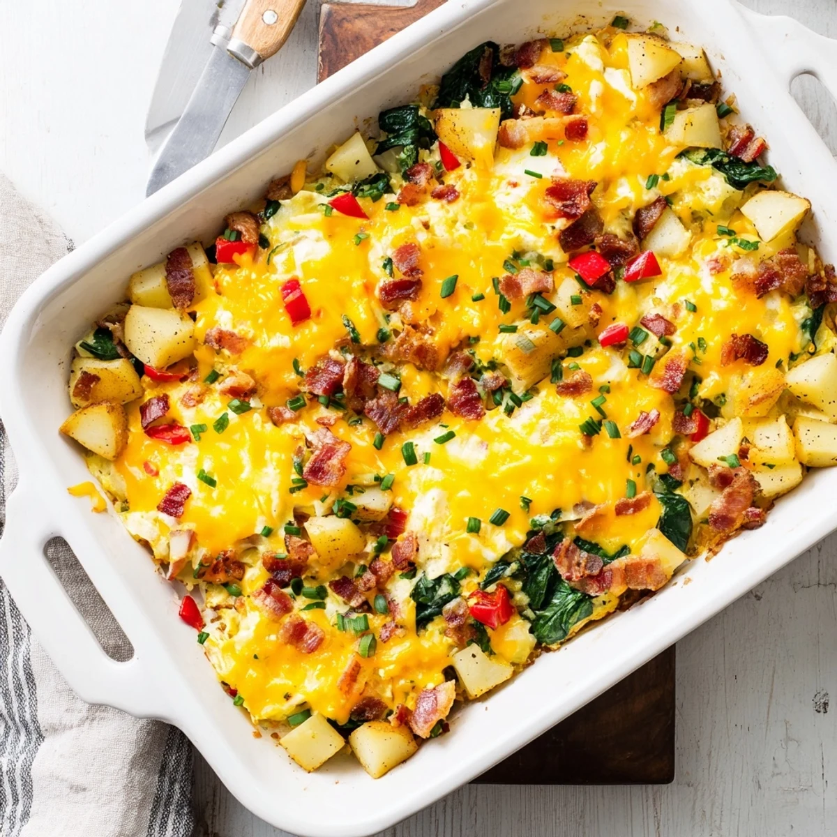 Hearty brekkie bake for dinner with golden potatoes, smoky bacon and fluffy eggs in one dish