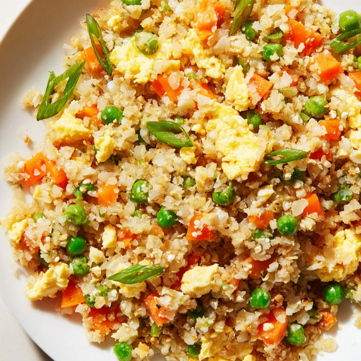 Golden cauliflower fried rice with colorful peas, carrots, and scrambled eggs in a serving bowl