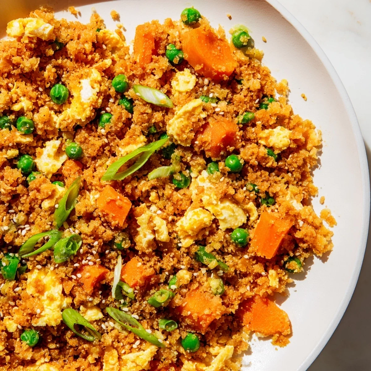 Vibrant low-carb cauliflower fried rice garnished with green onions and ready for a quick dinner