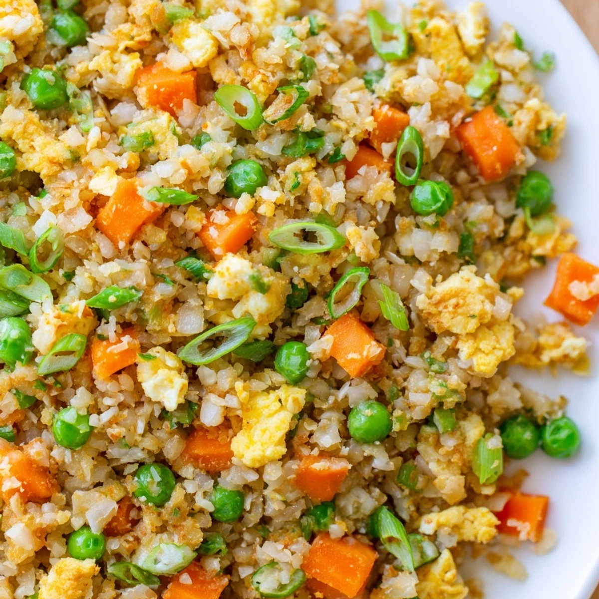 Light and healthy cauliflower fried rice stir-fried with fresh vegetables and savory seasonings in a wok