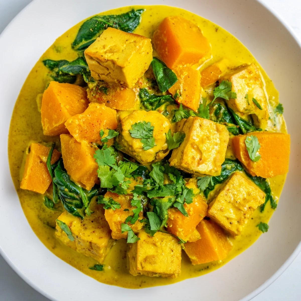 Creamy vegetarian pumpkin tofu curry with golden crispy tofu cubes in fragrant spiced coconut sauce