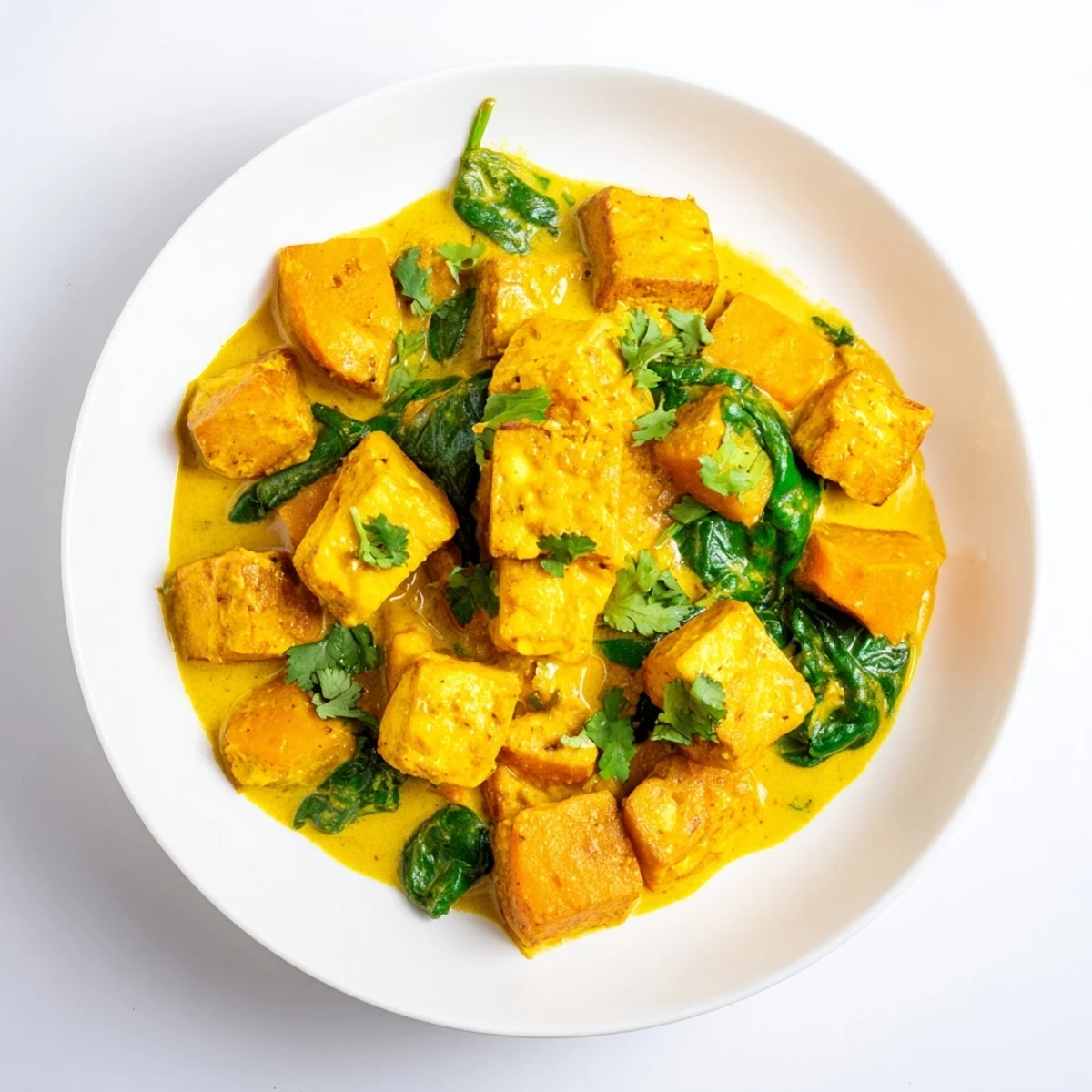 Steamy bowl of vegetarian pumpkin tofu curry garnished with fresh cilantro and served with fluffy basmati rice