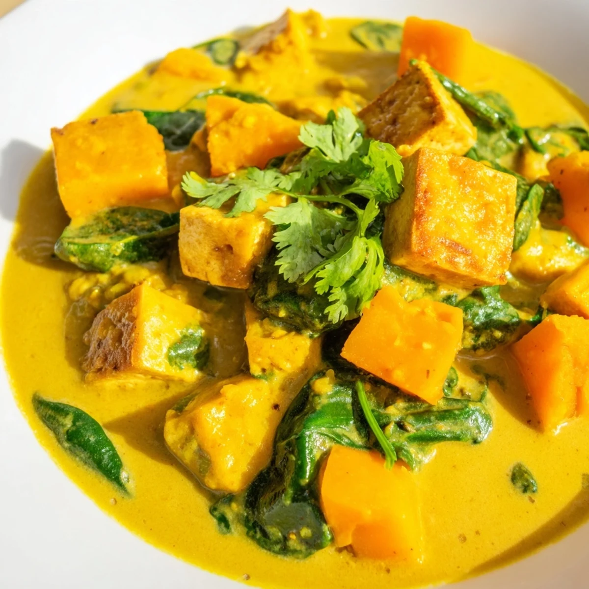Golden fried pumpkin and tofu pieces simmered in rich aromatic curry sauce with vibrant red bell pepper