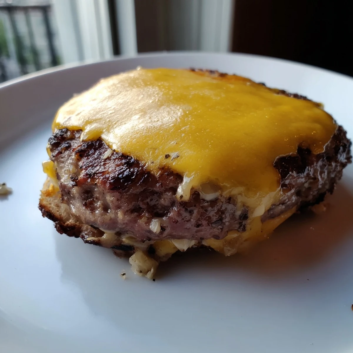 Golden air fryer hamburger patties with melted cheese and fresh toppings on a toasted bun