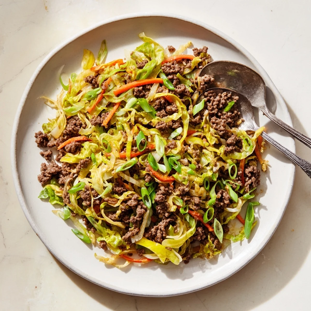 Golden brown ground beef and vibrant green cabbage stir fry plated in a white bowl